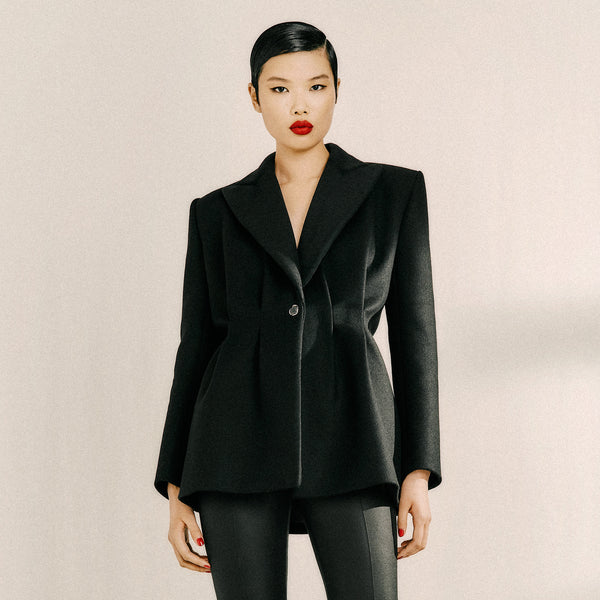 Wide-Lapel Pleated Wool Jacket